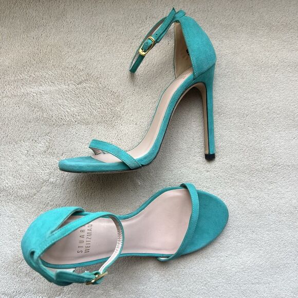 Stuart Weitzman Nudist Turquoise Teal Suede Stiletto Heeled Sandals Women 5 M - Picture 16 of 16
